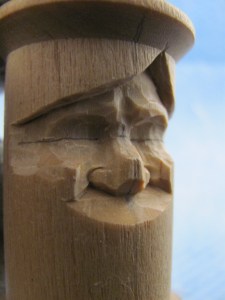 Use a #9 gouge to separate the eyebrows. I used a 3mm. The forehead was not recessed enough so I used a knife to push it back. Using the area near the tip of the blade, roll the brow up to the hair line, leaving the brow area for some eyebrow hair later.